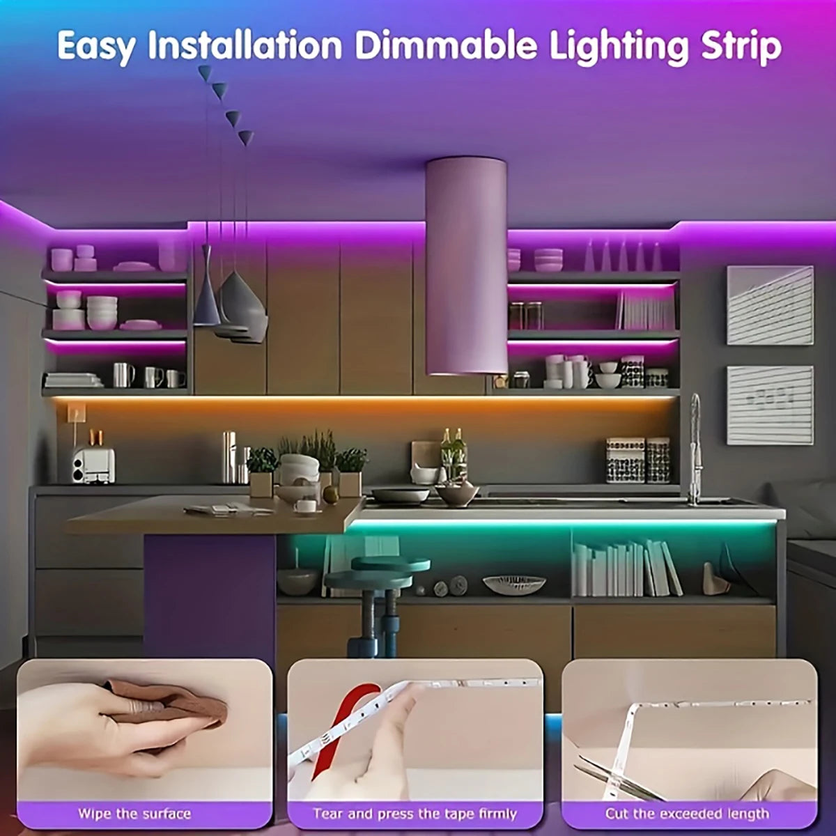 RGB LED Strip Lights with 44-Key Remote – Color Changing Accent Lighting for Kitchen, Bedroom & Home — full product view