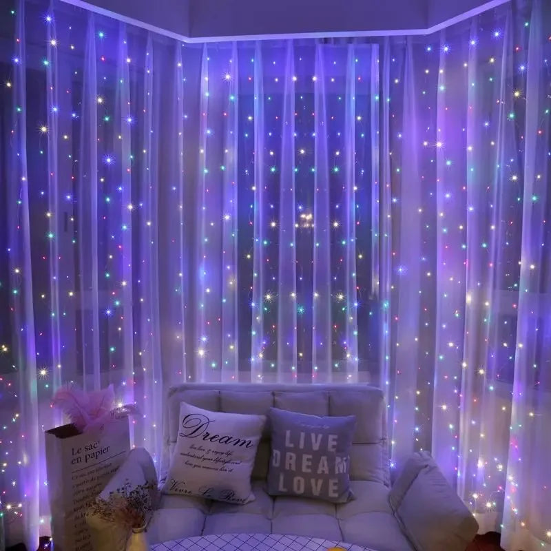 LED curtain fairy lights multicolor on window sheer curtain