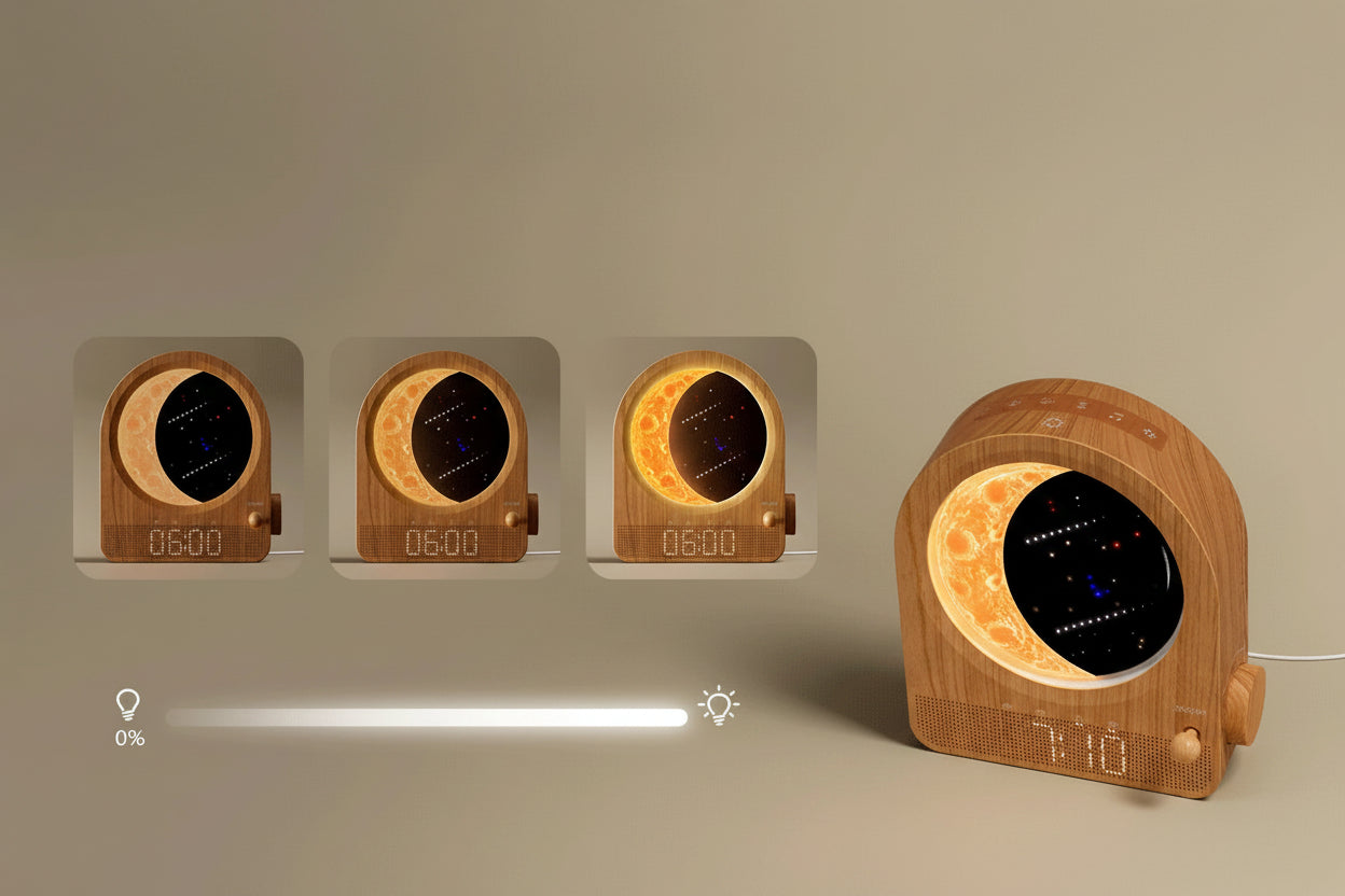 Sunrise Alarm Clock with Moon Lamp — Stepless Dimmable Wake-Up Light with 10 Nature Sounds — packaging