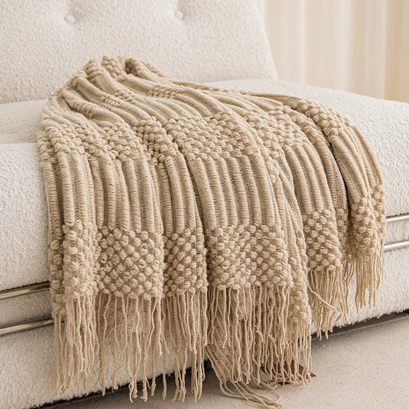 Chunky Knit Throw Blanket with Tassels — Soft Acrylic Farmhouse Blanket for Sofa & Bed — product photo