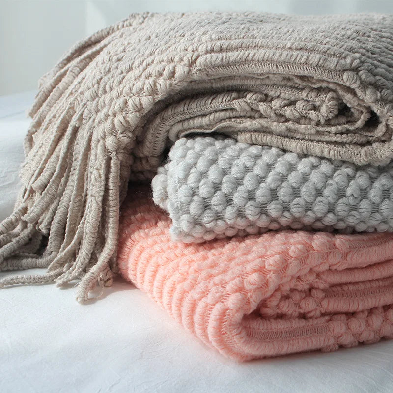 Chunky Knit Throw Blanket with Tassels — Soft Acrylic Farmhouse Blanket for Sofa & Bed — full product view