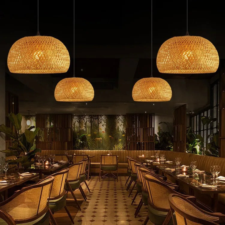 Bamboo Lantern Pendant Lamp — Natural Rattan Wicker Hanging Light with E27 Base — detail close-up