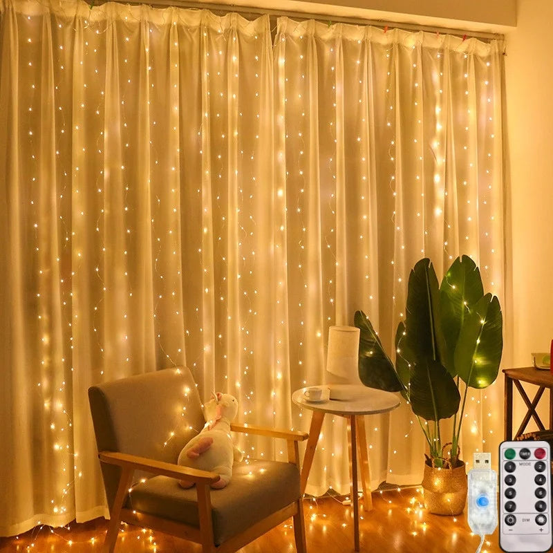 LED curtain fairy lights warm white on curtain living room