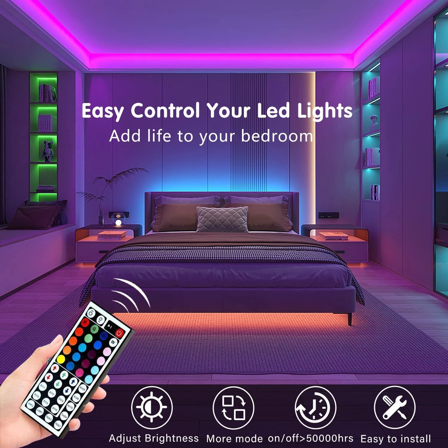 RGB LED Strip Lights with 44-Key Remote – Color Changing Accent Lighting for Kitchen, Bedroom & Home — detail close-up