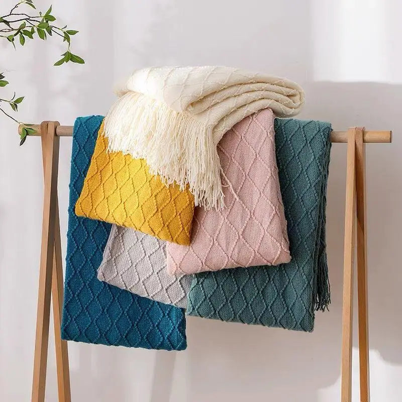 Chunky Knit Throw Blanket with Tassels — Soft Acrylic Farmhouse Blanket for Sofa & Bed shown in use