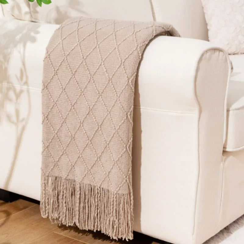 Chunky Knit Throw Blanket with Tassels — Soft Acrylic Farmhouse Blanket for Sofa & Bed — lifestyle photo