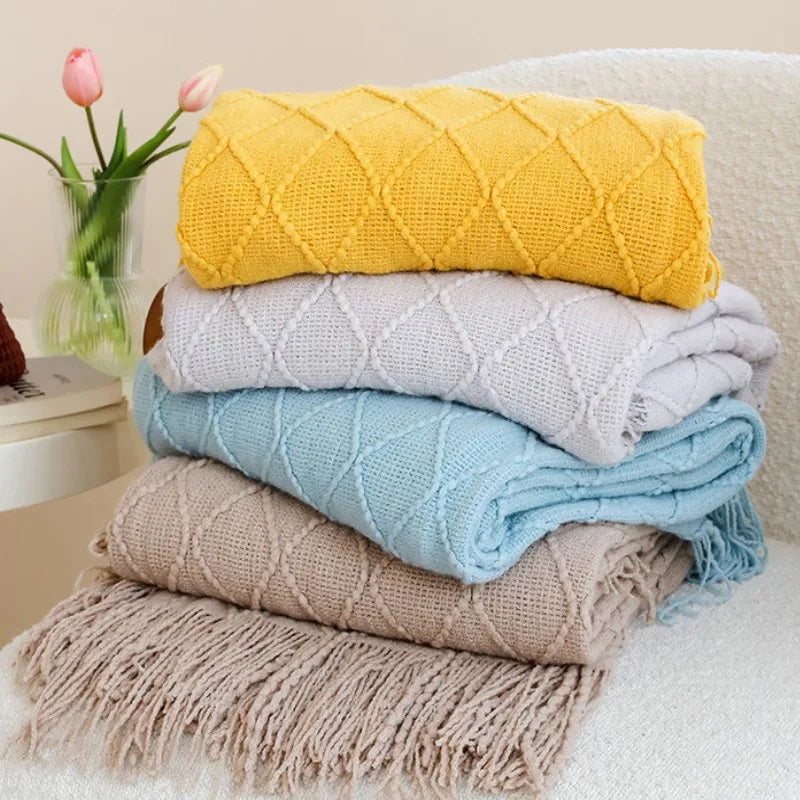 Chunky Knit Throw Blanket with Tassels — Soft Acrylic Farmhouse Blanket for Sofa & Bed — additional angle