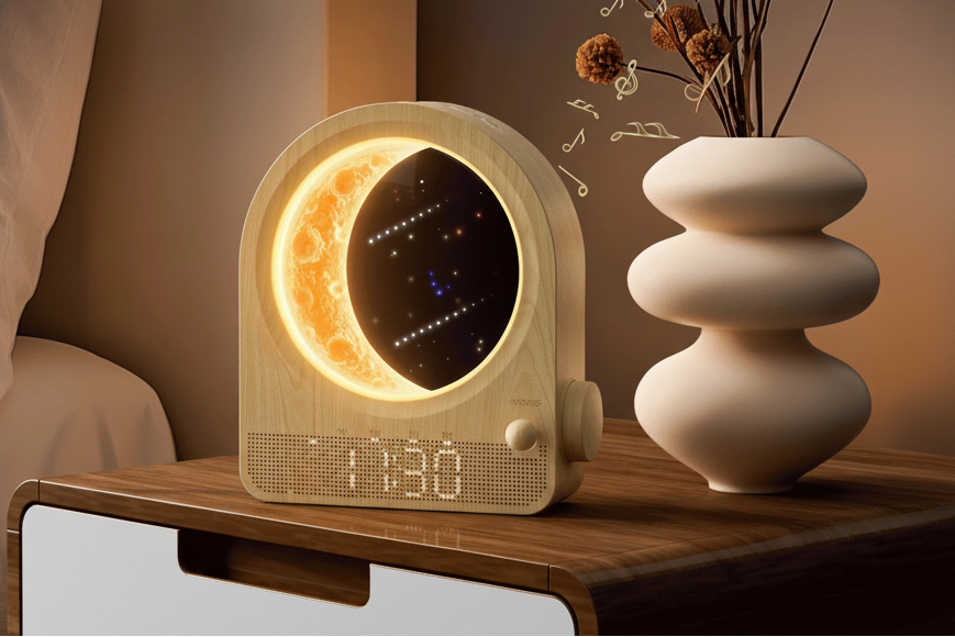 Sunrise Alarm Clock with Moon Lamp — Stepless Dimmable Wake-Up Light with 10 Nature Sounds shown in use