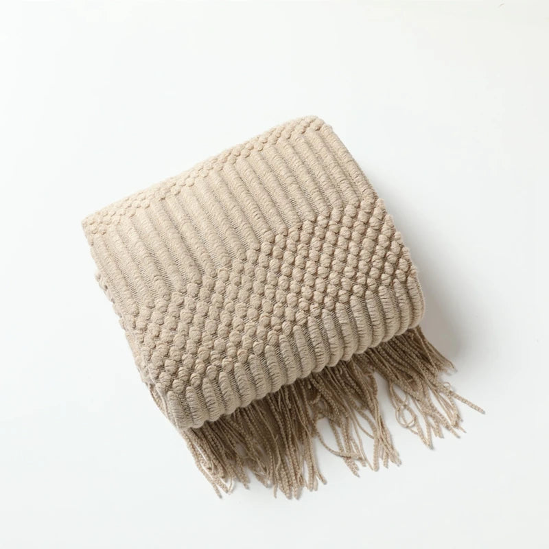 Chunky Knit Throw Blanket with Tassels — Soft Acrylic Farmhouse Blanket for Sofa & Bed — lifestyle photo