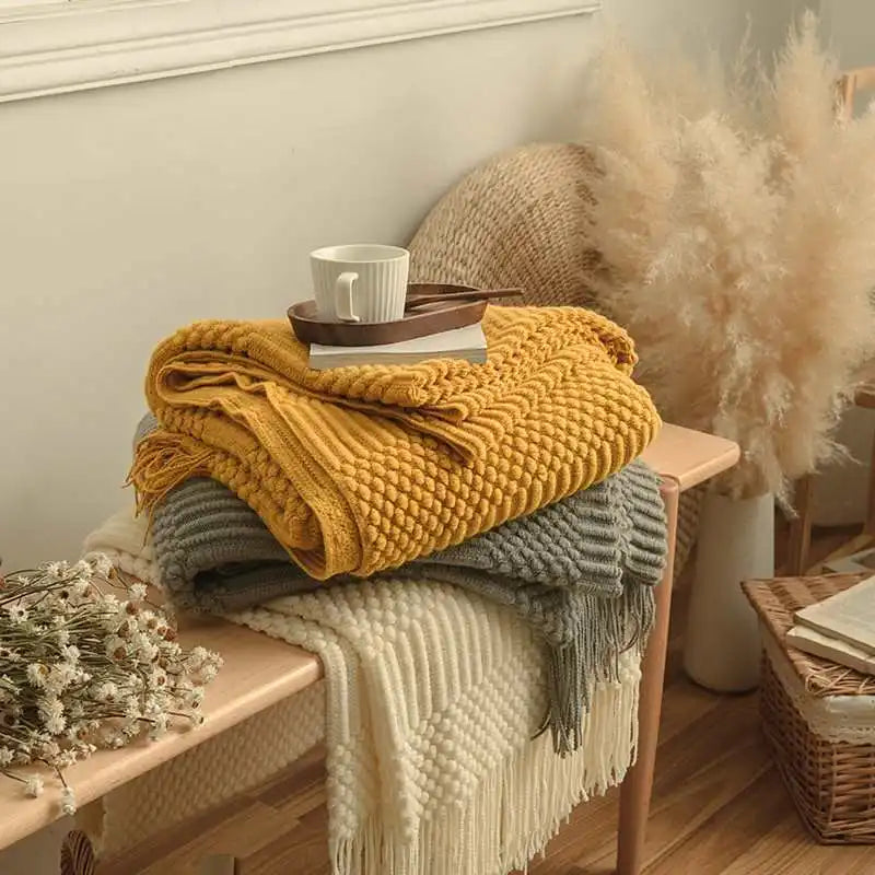 Chunky Knit Throw Blanket with Tassels — Soft Acrylic Farmhouse Blanket for Sofa & Bed — additional angle