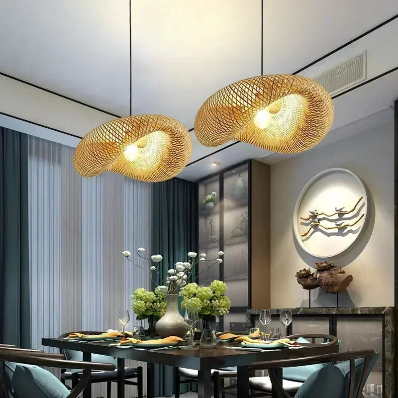 Handwoven Bamboo Pendant Light — Rattan Ceiling Lamp for Bedroom & Living Room — detail close-up