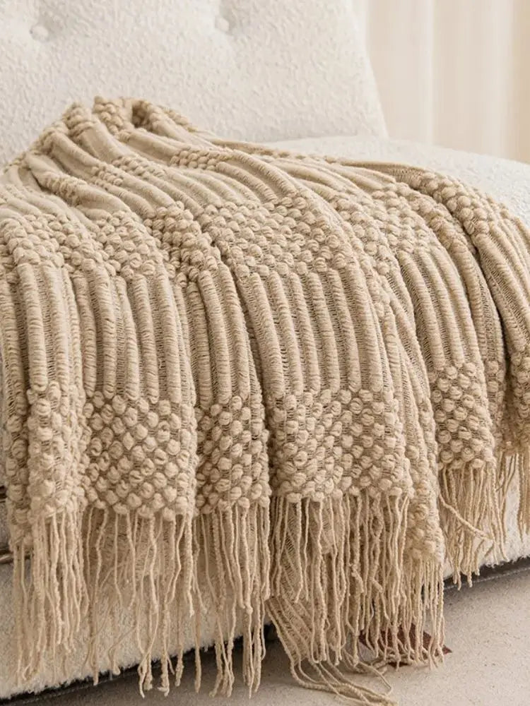 Chunky Knit Throw Blanket with Tassels — Soft Acrylic Farmhouse Blanket for Sofa & Bed — color and size options
