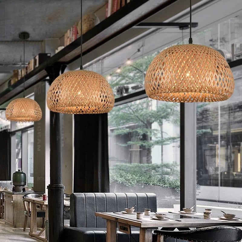 Bamboo Lantern Pendant Lamp — Natural Rattan Wicker Hanging Light with E27 Base shown in use