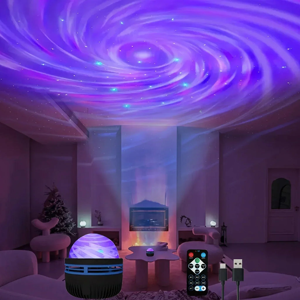 LED Galaxy Projector Night Light with Remote Control shown in use