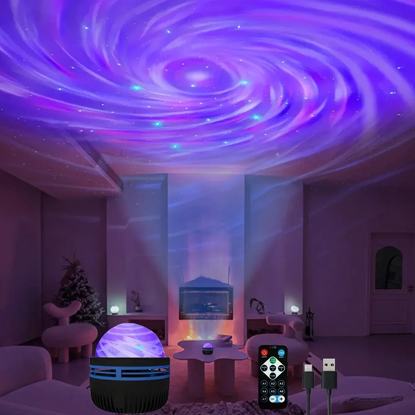 LED Galaxy Projector Night Light with Remote Control shown in use