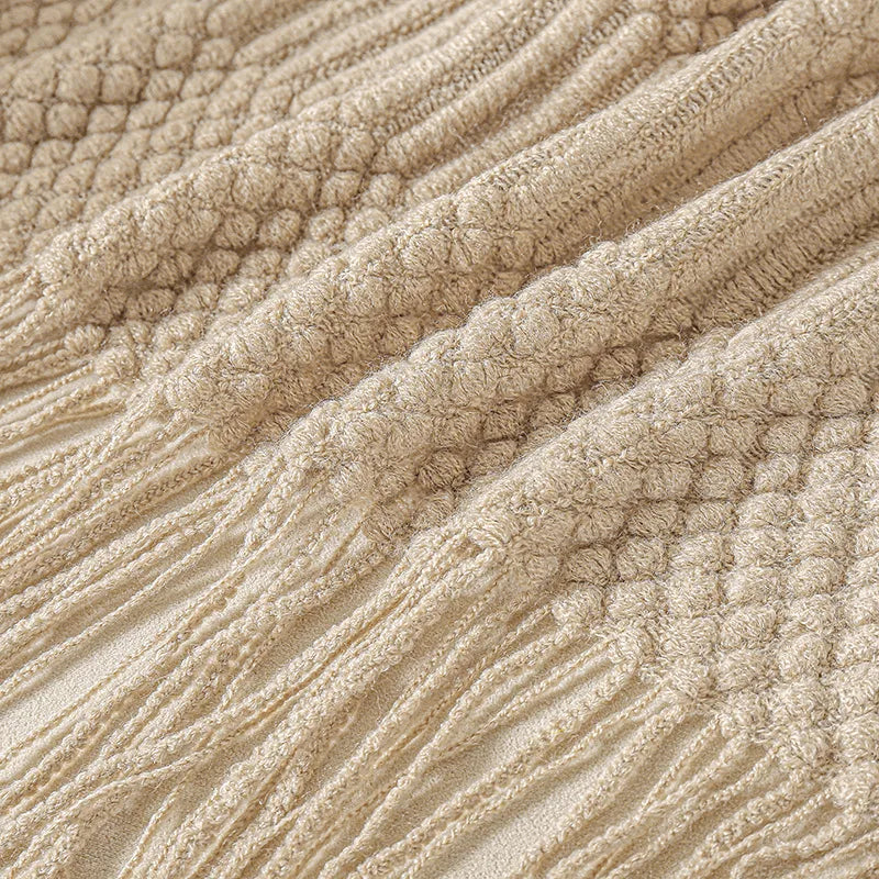 Chunky Knit Throw Blanket with Tassels — Soft Acrylic Farmhouse Blanket for Sofa & Bed — detail close-up