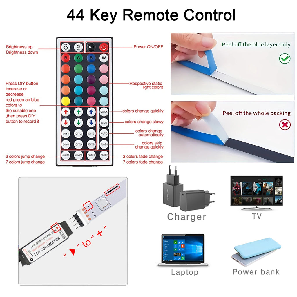 RGB LED Strip Lights with 44-Key Remote – Color Changing Accent Lighting for Kitchen, Bedroom & Home — additional angle