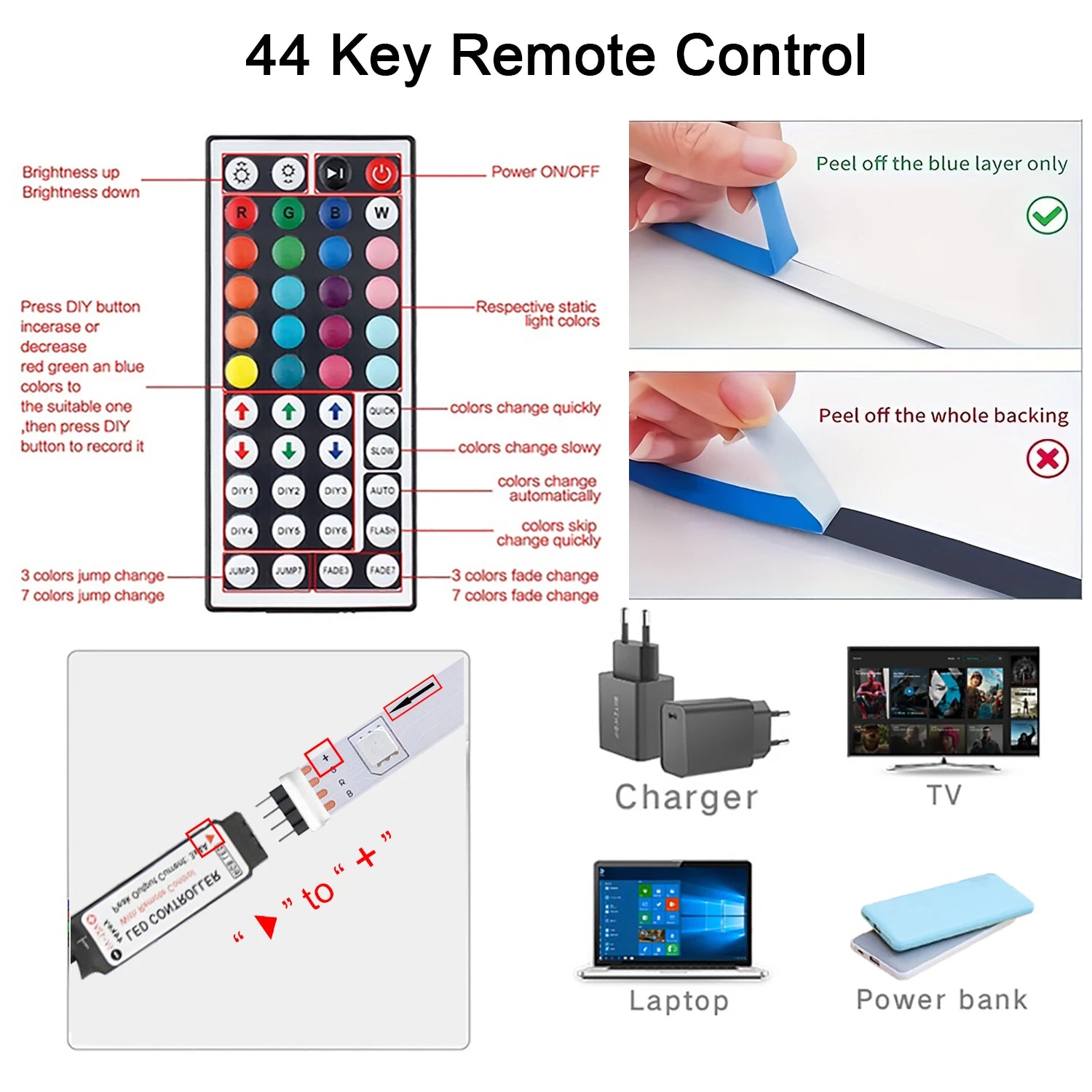 RGB LED Strip Lights with 44-Key Remote – Color Changing Accent Lighting for Kitchen, Bedroom & Home — additional angle