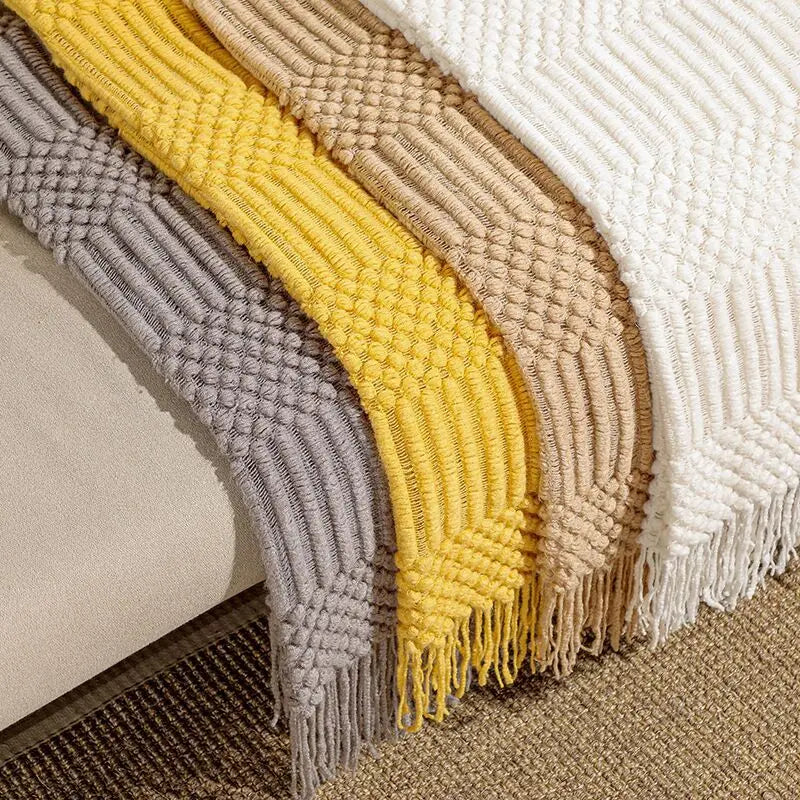 Chunky Knit Throw Blanket with Tassels — Soft Acrylic Farmhouse Blanket for Sofa & Bed — color and size options