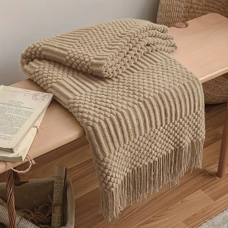 Chunky Knit Throw Blanket with Tassels — Soft Acrylic Farmhouse Blanket for Sofa & Bed — lifestyle photo