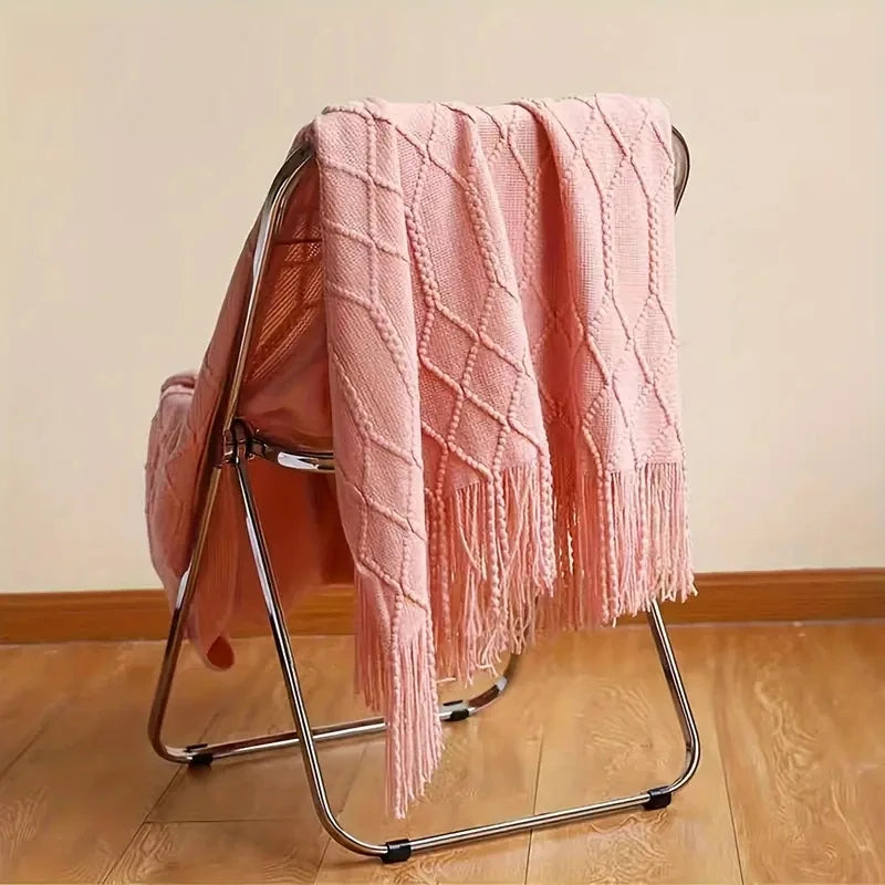 Chunky Knit Throw Blanket with Tassels — Soft Acrylic Farmhouse Blanket for Sofa & Bed — lifestyle photo