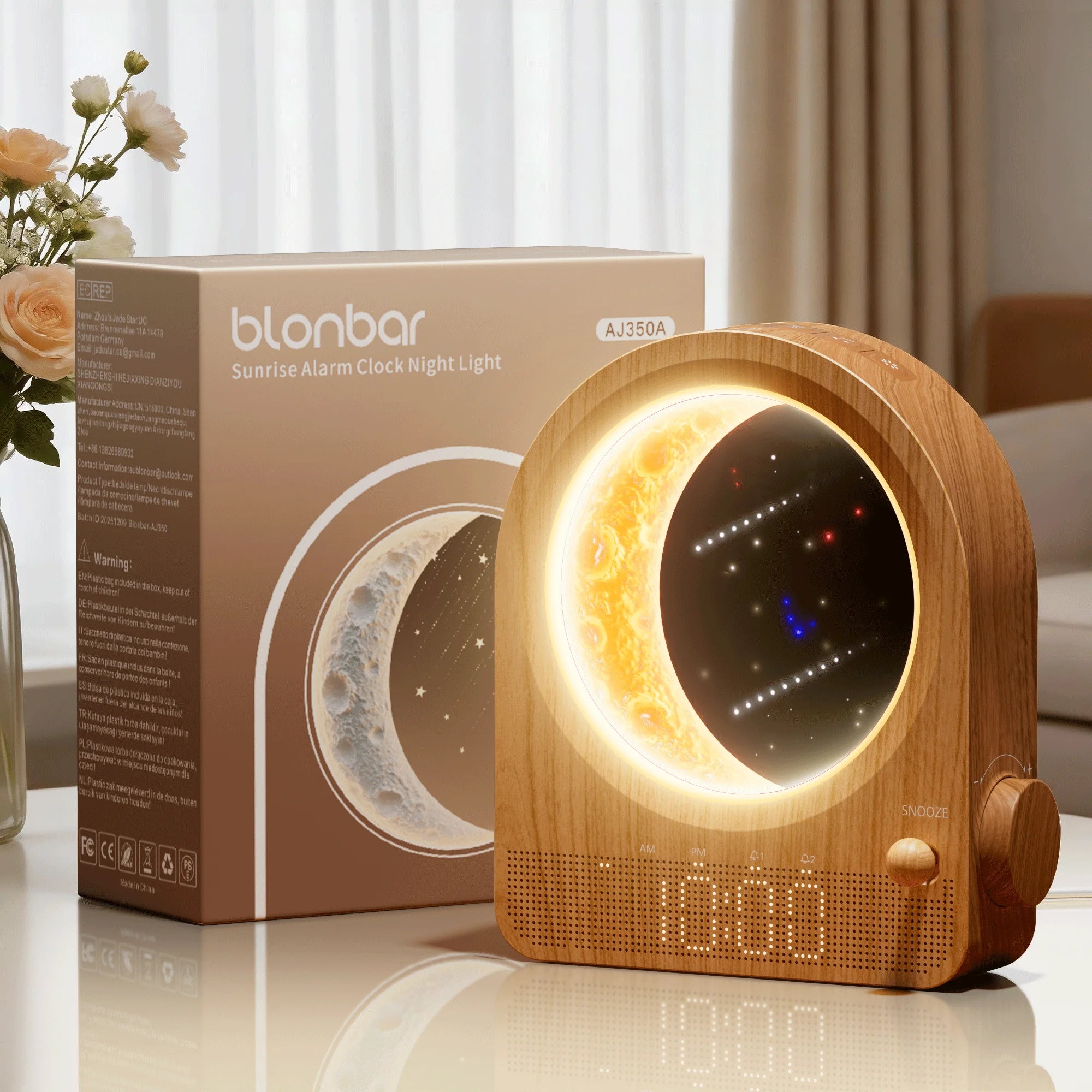 Sunrise Alarm Clock with Moon Lamp — Stepless Dimmable Wake-Up Light with 10 Nature Sounds — additional angle