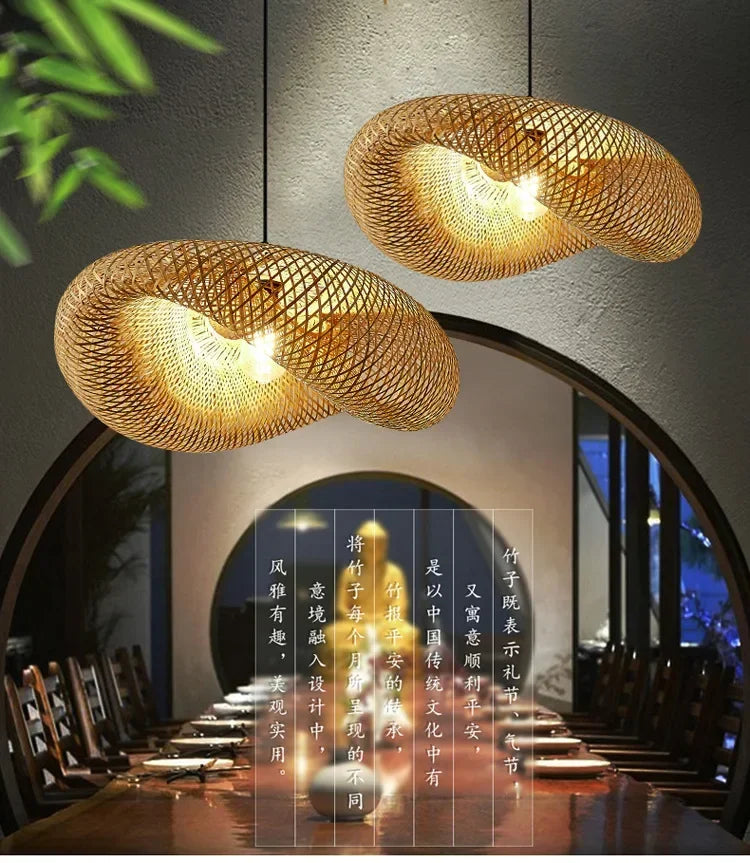 Handwoven Bamboo Pendant Light — Rattan Ceiling Lamp for Bedroom & Living Room — lifestyle photo