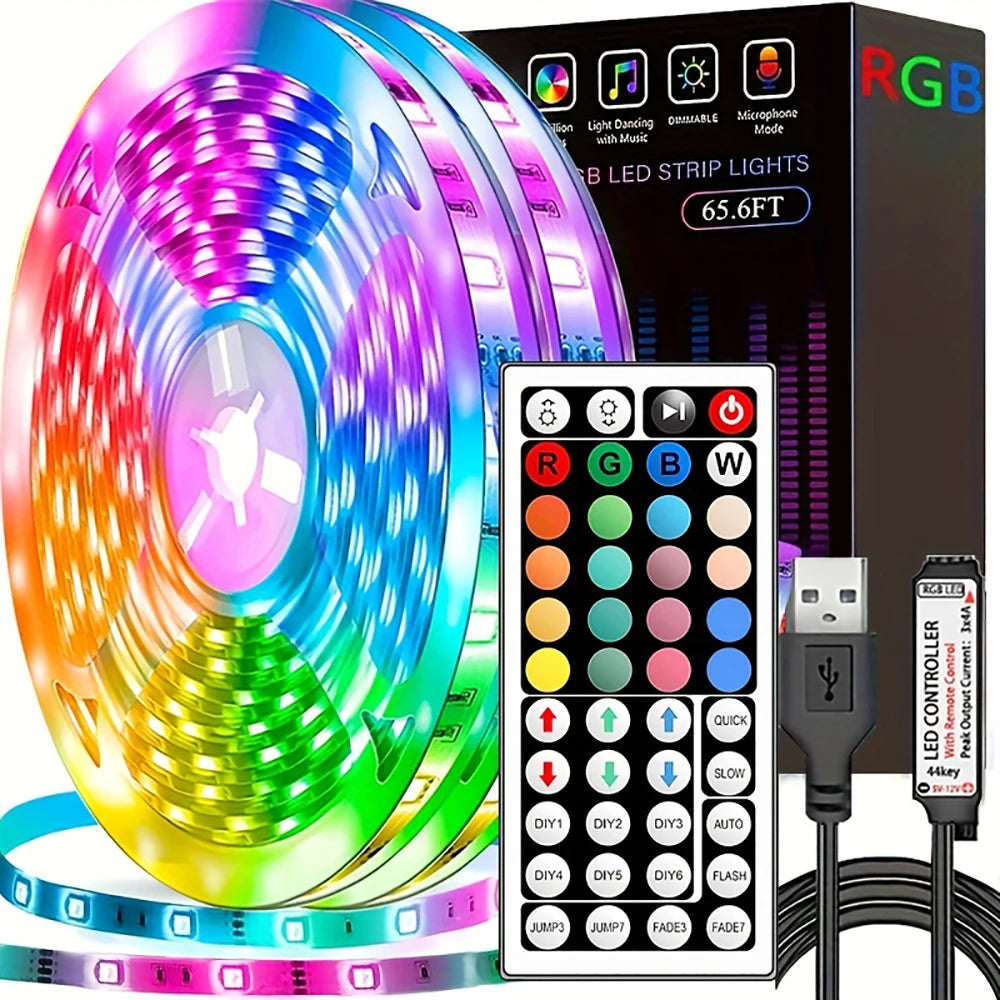 RGB LED Strip Lights with 44-Key Remote – Color Changing Accent Lighting for Kitchen, Bedroom & Home shown in use