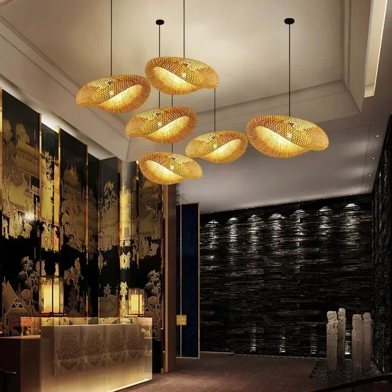 Handwoven Bamboo Pendant Light — Rattan Ceiling Lamp for Bedroom & Living Room shown in use