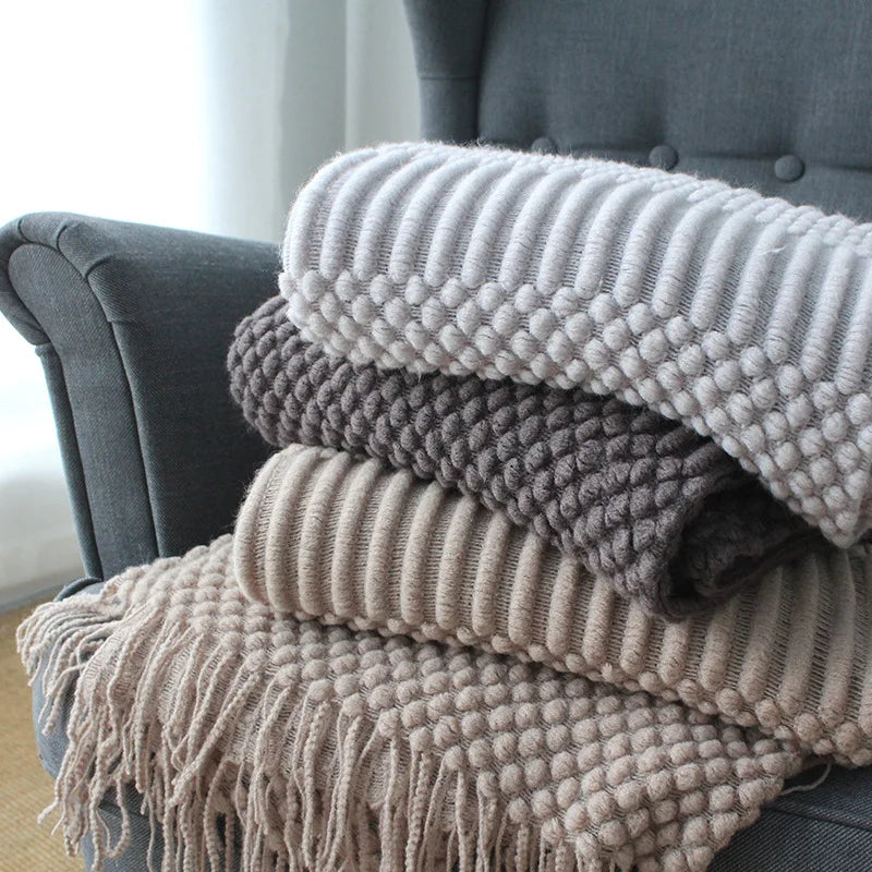 Chunky Knit Throw Blanket with Tassels — Soft Acrylic Farmhouse Blanket for Sofa & Bed shown in use
