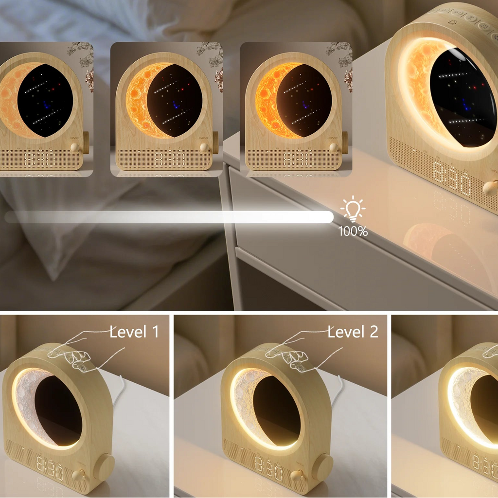 Sunrise Alarm Clock with Moon Lamp — Stepless Dimmable Wake-Up Light with 10 Nature Sounds — detail close-up