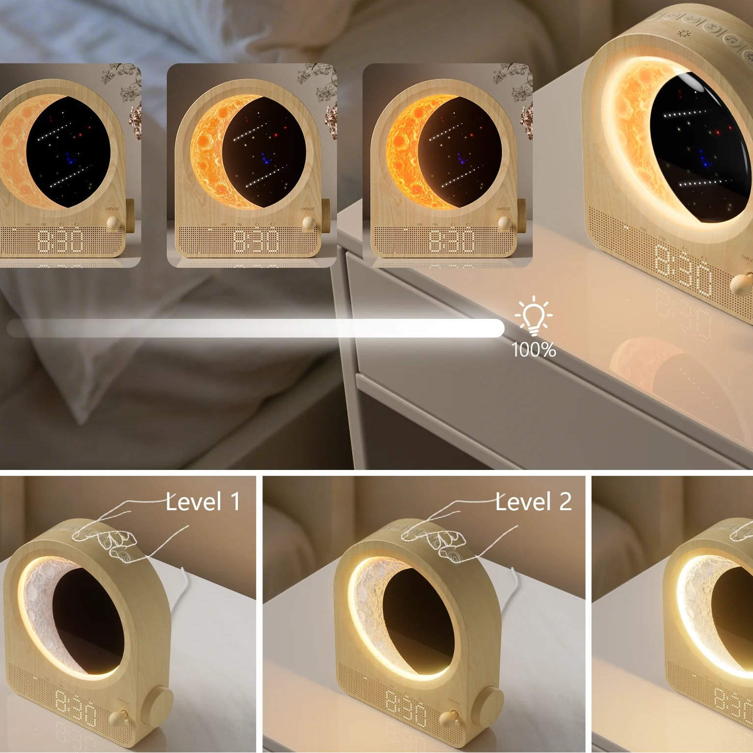 Sunrise Alarm Clock with Moon Lamp — Stepless Dimmable Wake-Up Light with 10 Nature Sounds — detail close-up