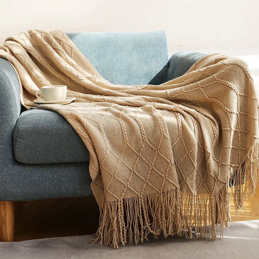 Chunky Knit Throw Blanket with Tassels — Soft Acrylic Farmhouse Blanket for Sofa & Bed shown in use