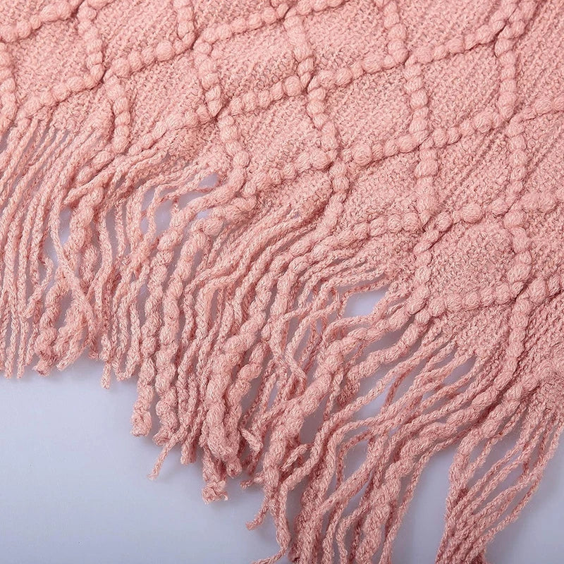 Chunky Knit Throw Blanket with Tassels — Soft Acrylic Farmhouse Blanket for Sofa & Bed — color and size options